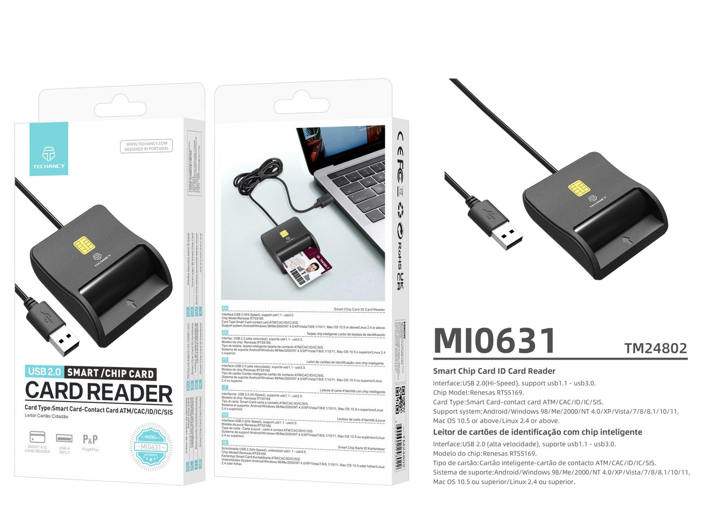 Techancy Leitor de cartão inteligente MI0631, USB 2.0, suporta vários tipos, compatível com vários sistemas, preto
