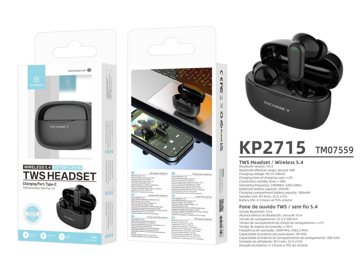 Techancy Auriculares Bluetooth TWS Wireless 5.4 KP2715 Microfone HD Toque inteligente USB C para Android iPhone Preto