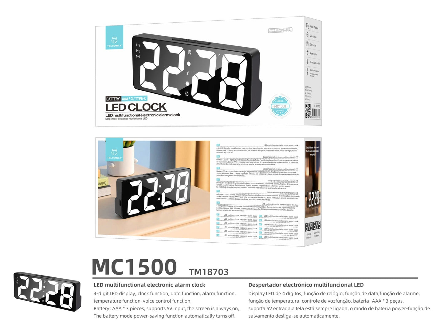 Techancy Despertador Multifunções Led Preto MC1500, Com Relógio, Data, Alarme, Ecrã De Temperatura E Controlo Por Voz