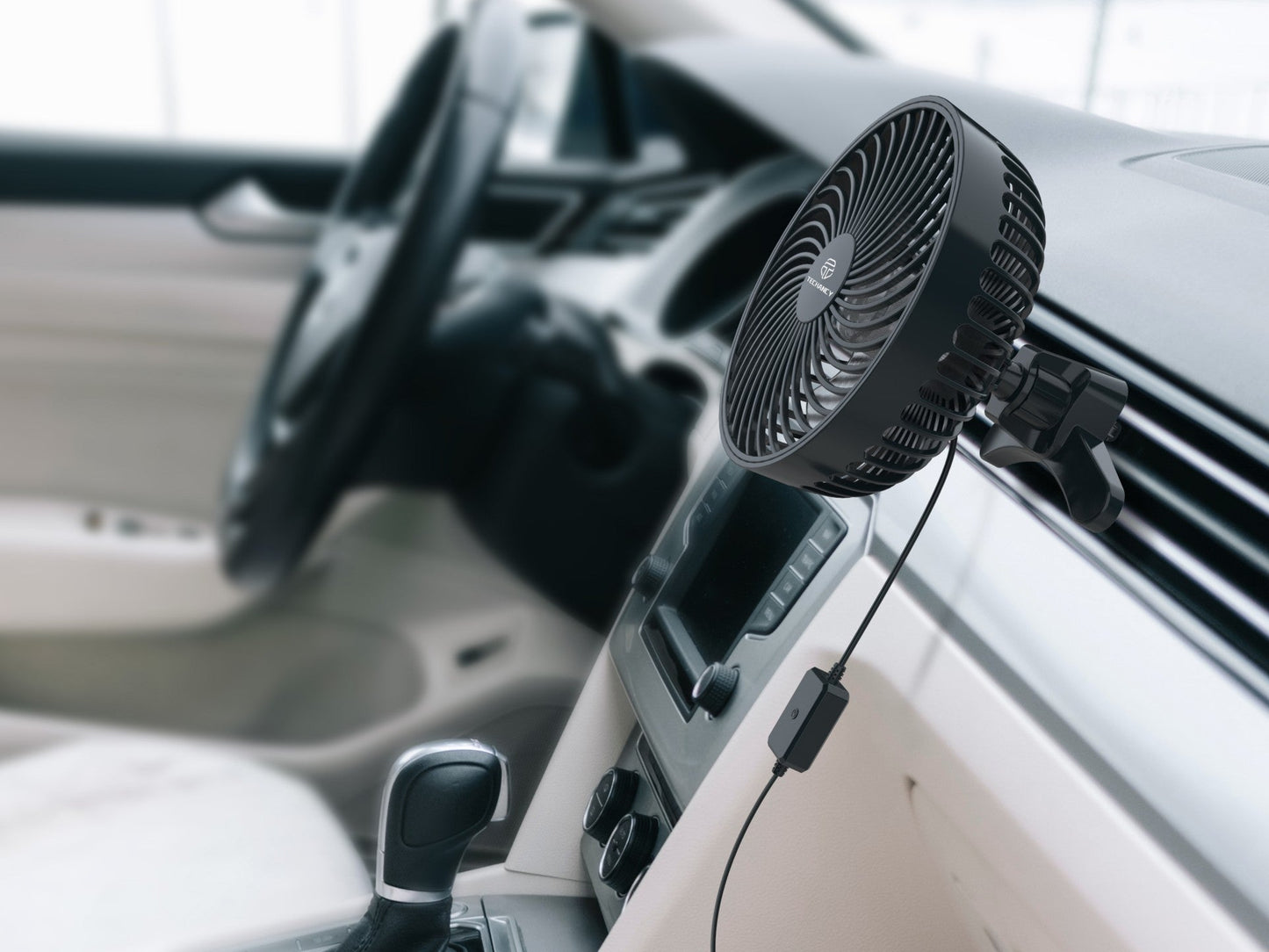 Techancy Ventilador De Carro Usb Preto KL7306, 6 Polegadas, Fluxo De Ar Ajustável De 3 Velocidades, Montagem No Respiradouro