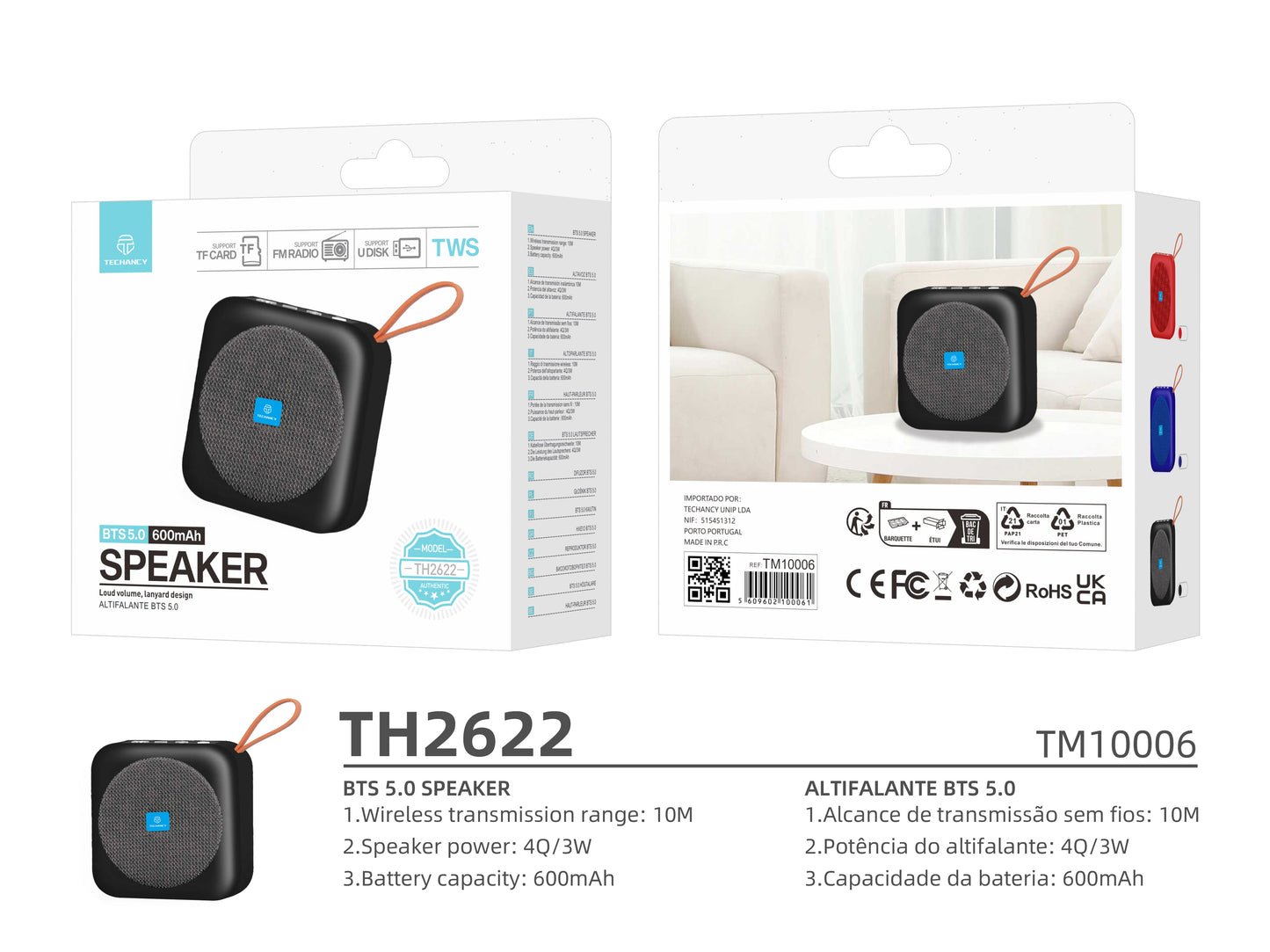 Techancy Altifalante Bluetooth Preto TH2622, Portátil E De Tamanho Compacto, Suporte Tf/Fm/Usb/Tws, Som Potente.