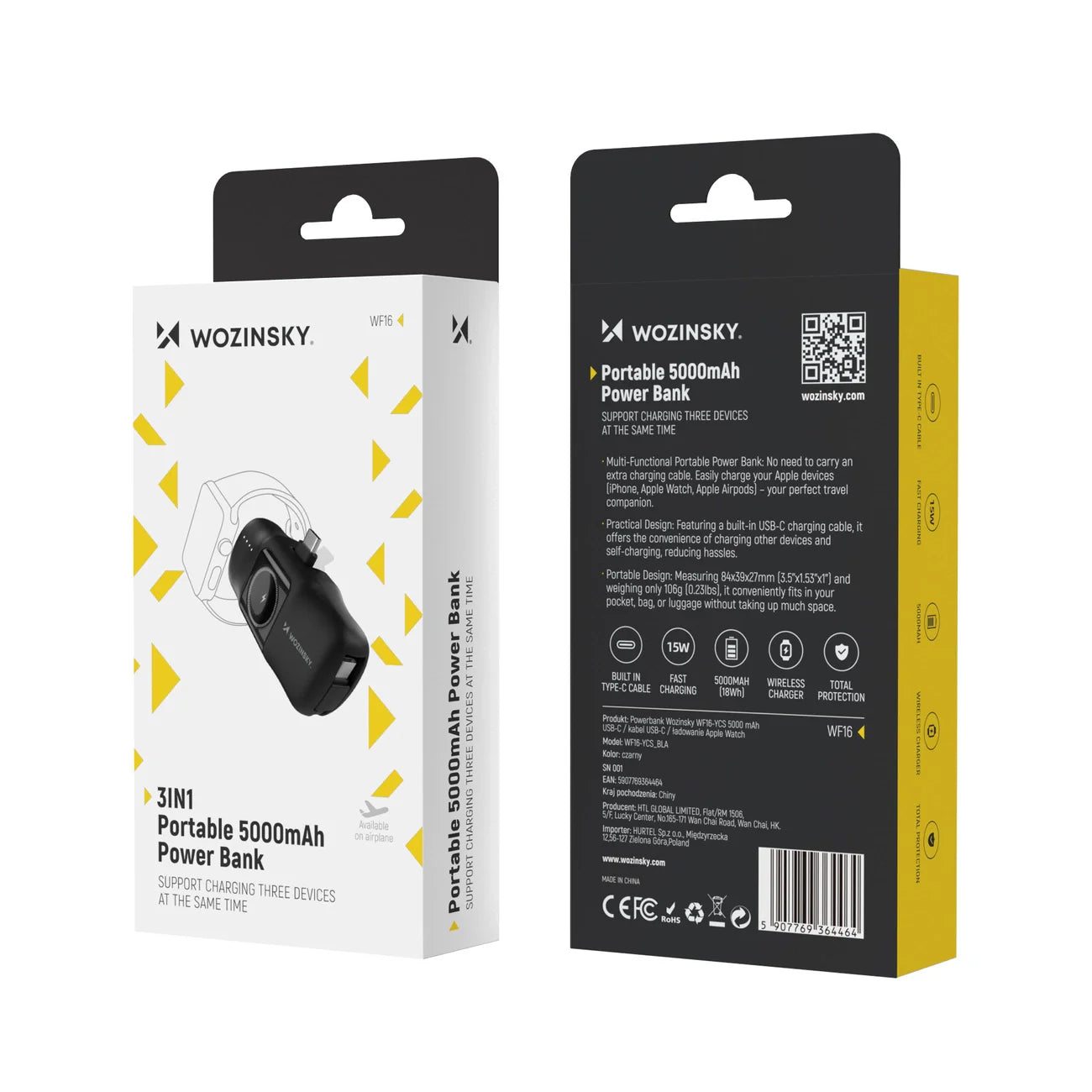 Mini Power Bank Wozinsky WF16-YCS Preta / 5000mAh / 15W / USB-C / com Cabo USB-C Integrado e Carregador para Apple Watch