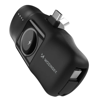 Mini Power Bank Wozinsky WF16-YCS Preta / 5000mAh / 15W / USB-C / com Cabo USB-C Integrado e Carregador para Apple Watch