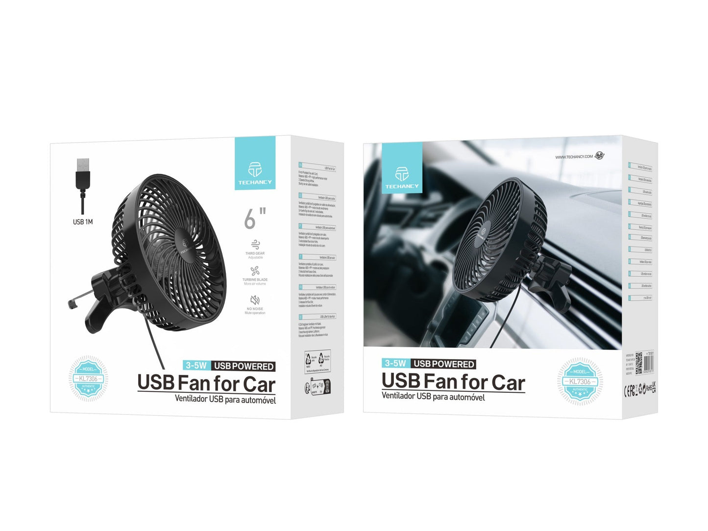 Techancy Ventilador De Carro Usb Preto KL7306, 6 Polegadas, Fluxo De Ar Ajustável De 3 Velocidades, Montagem No Respiradouro