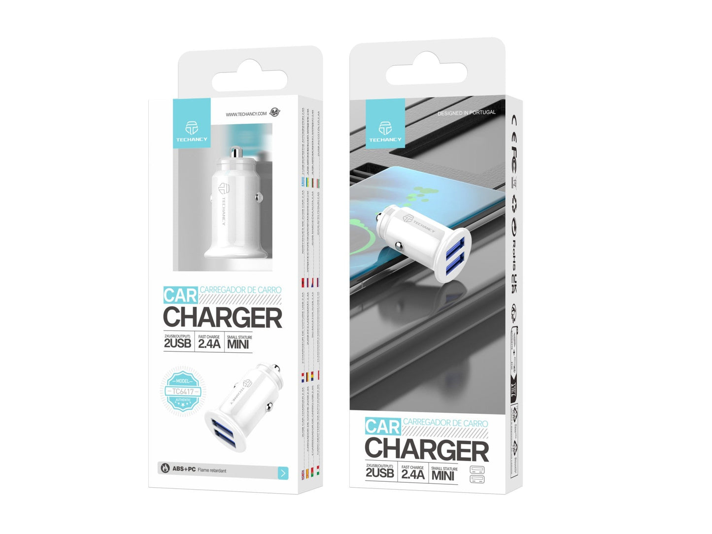 Techancy Carregador De Automóvel Mini  TC6417, Carregamento 2usb 2.4A, Compatível Com Camiões E Automóveis, branco