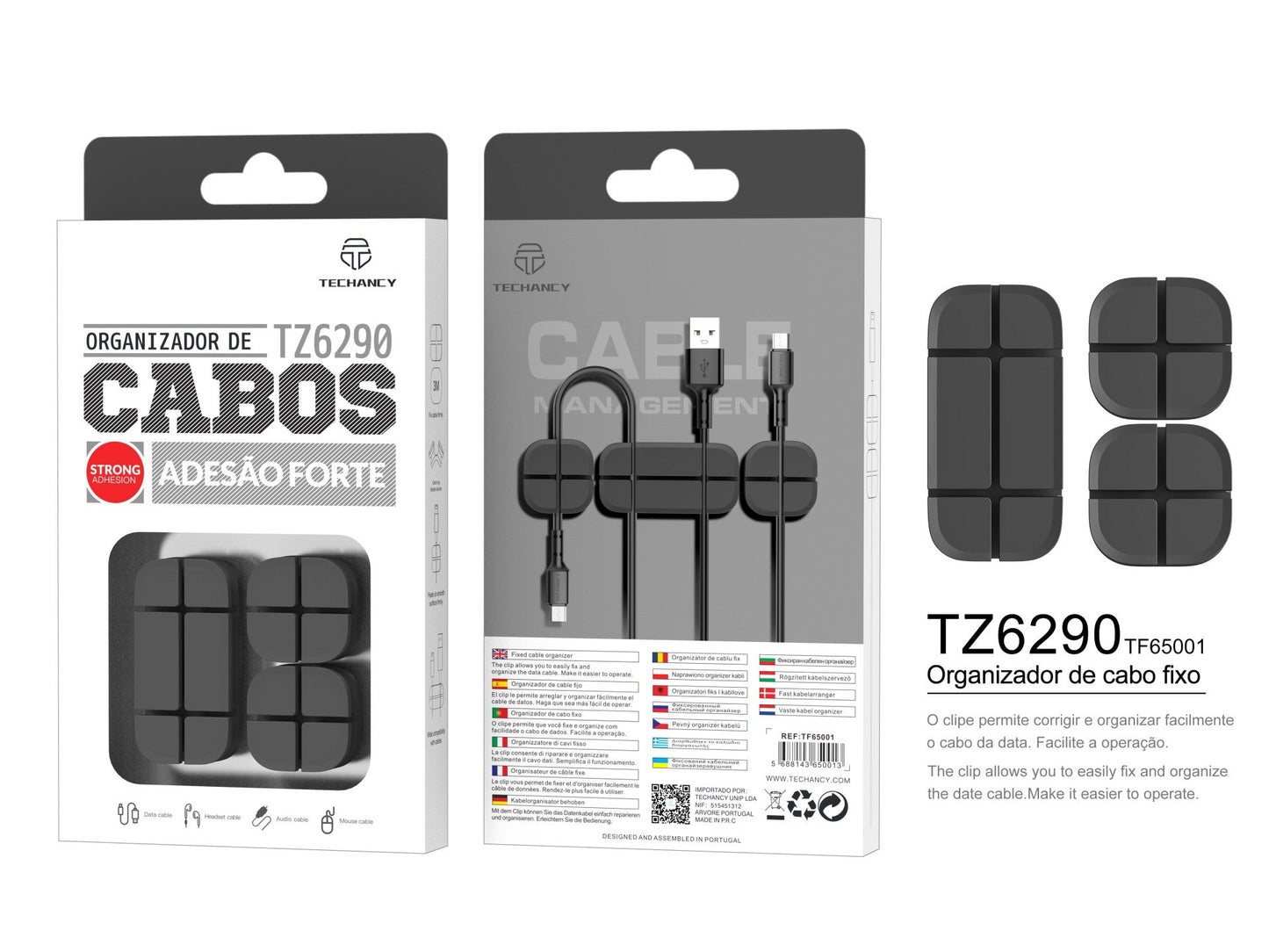 Organizador de cabos Techancy, TZ6290, embalagem com 3 unidades, guarda os cabos de forma organizada para manter a sua secretária arrumada, preto