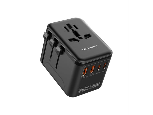Techancy Adaptador Universal Viagem MB2503 Conversor Tomada Mundial GaN 25W 2500W 10A Compatibilidade UK EU US AUS Com USB Preto