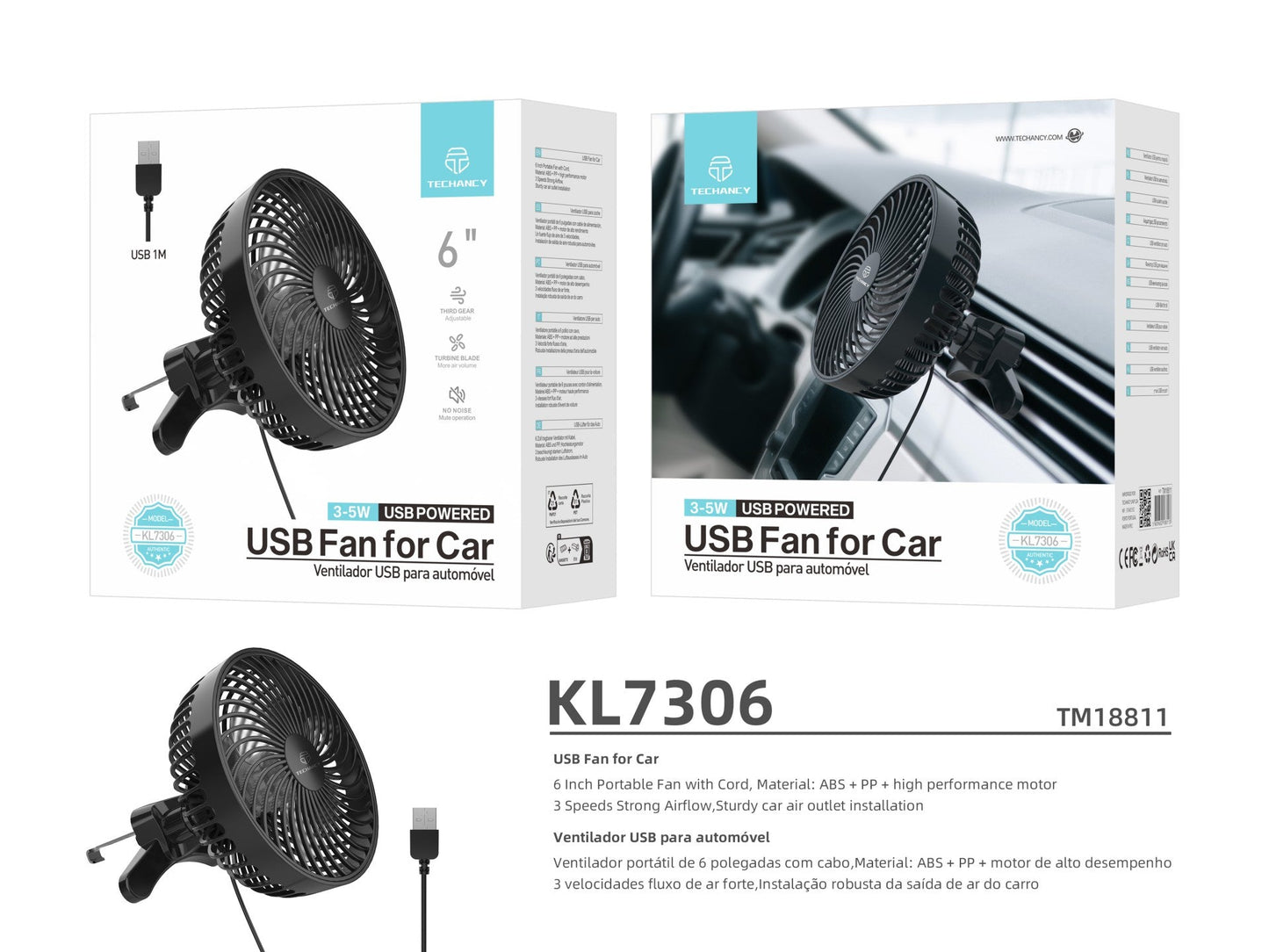 Techancy Ventilador De Carro Usb Preto KL7306, 6 Polegadas, Fluxo De Ar Ajustável De 3 Velocidades, Montagem No Respiradouro