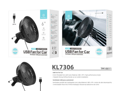 Techancy Ventilador De Carro Usb Preto KL7306, 6 Polegadas, Fluxo De Ar Ajustável De 3 Velocidades, Montagem No Respiradouro
