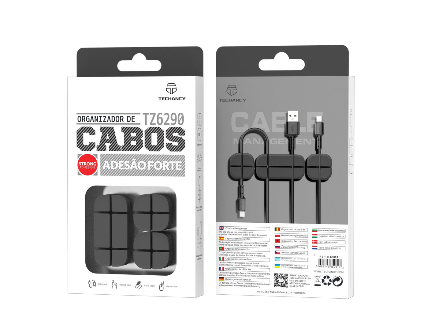 Organizador de cabos Techancy, TZ6290, embalagem com 3 unidades, guarda os cabos de forma organizada para manter a sua secretária arrumada, preto
