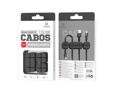 Organizador de cabos Techancy, TZ6290, embalagem com 3 unidades, guarda os cabos de forma organizada para manter a sua secretária arrumada, preto