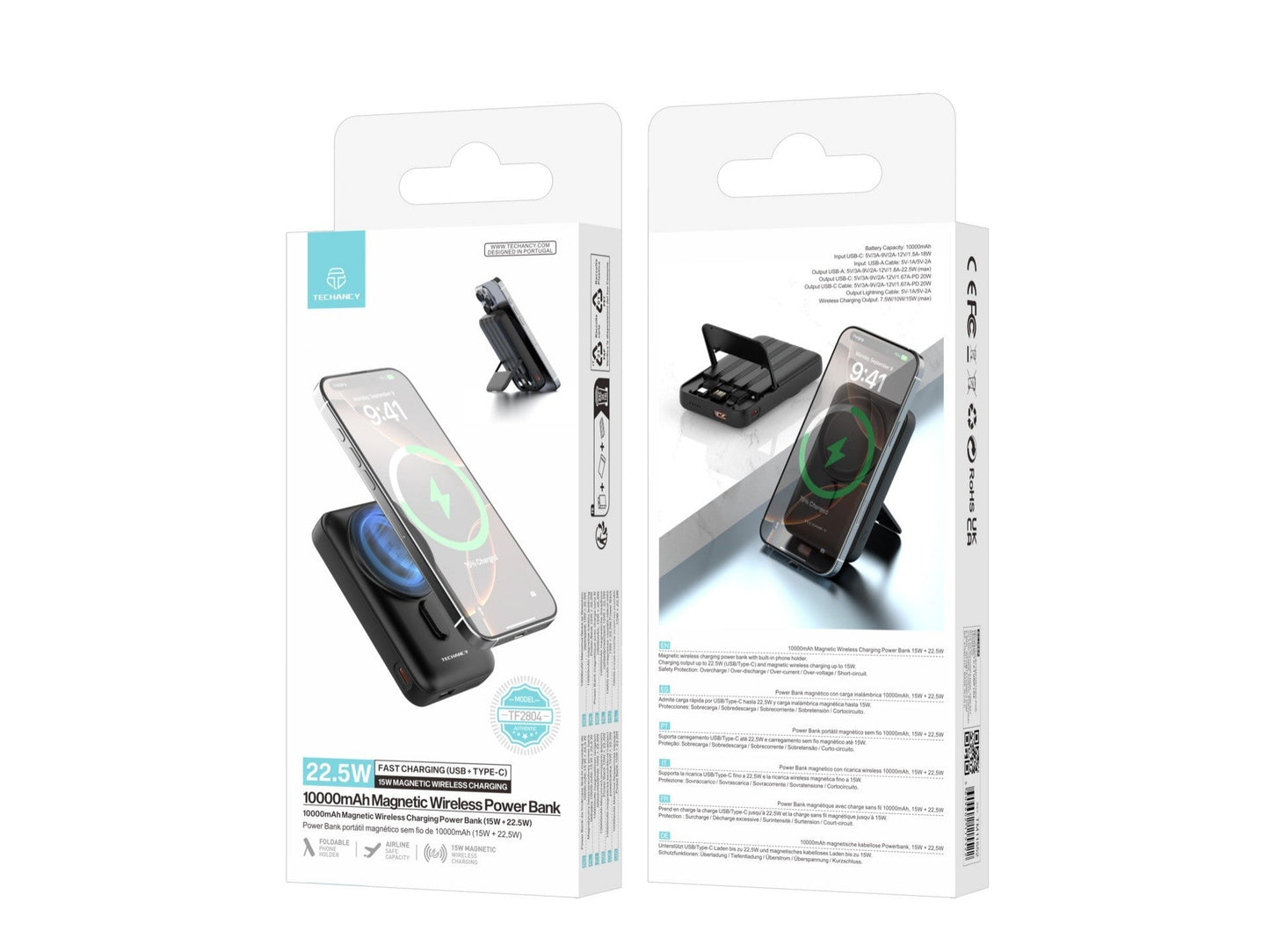 Techancy Power Bank Magnetico Sem Fios 10000mAh TF2804 15W Wireless 22.5W Carregamento Rapido com Suporte para Telemovel e Tablet Preto