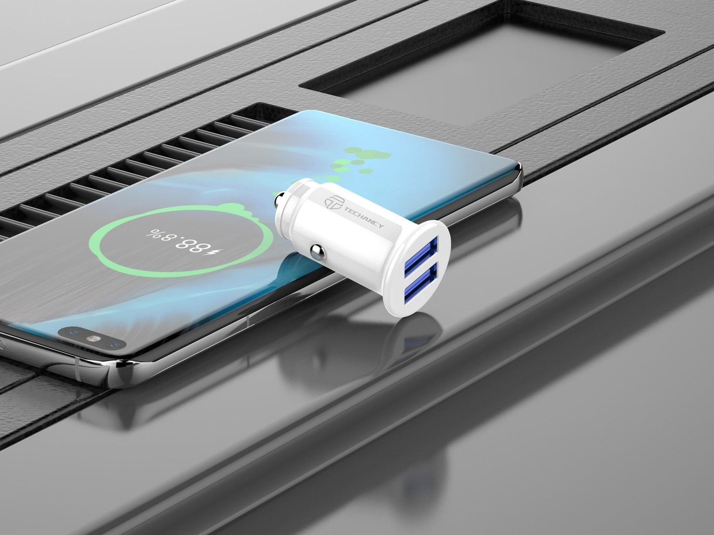 Techancy Carregador De Automóvel Mini  TC6417, Carregamento 2usb 2.4A, Compatível Com Camiões E Automóveis, branco