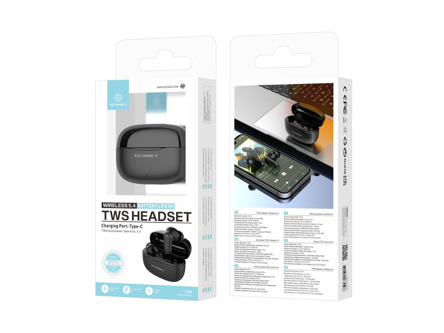 Techancy Auriculares Bluetooth TWS Wireless 5.4 KP2715 Microfone HD Toque inteligente USB C para Android iPhone Preto