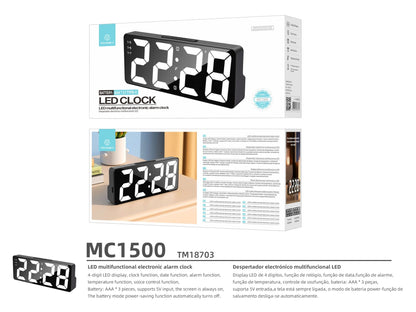 Techancy Despertador Multifunções Led Preto MC1500, Com Relógio, Data, Alarme, Ecrã De Temperatura E Controlo Por Voz