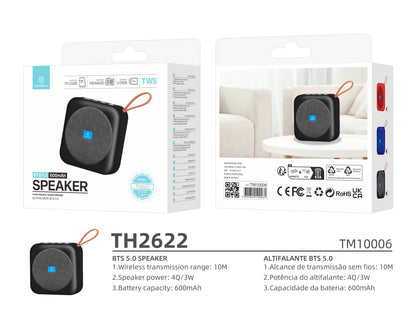 Techancy Altifalante Bluetooth Preto TH2622, Portátil E De Tamanho Compacto, Suporte Tf/Fm/Usb/Tws, Som Potente.