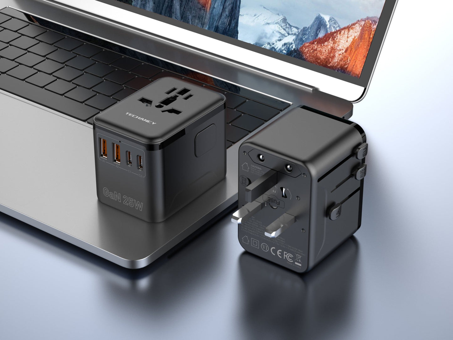 Techancy Adaptador Universal Viagem MB2503 Conversor Tomada Mundial GaN 25W 2500W 10A Compatibilidade UK EU US AUS Com USB Preto