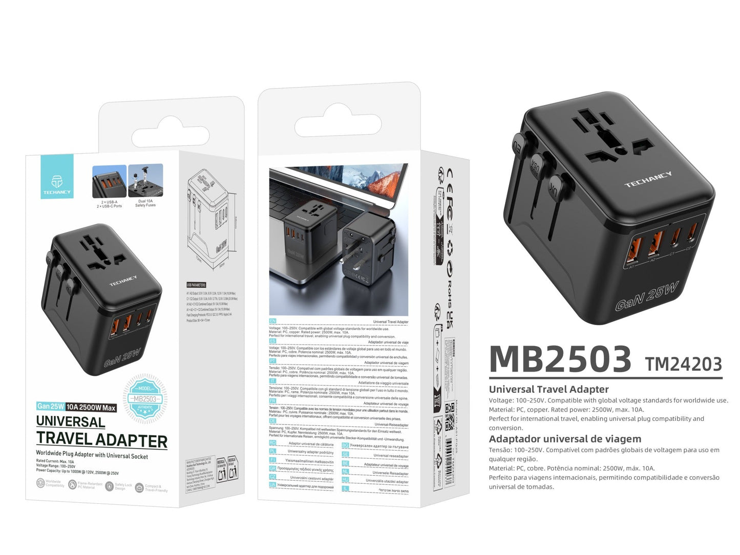 Techancy Adaptador Universal Viagem MB2503 Conversor Tomada Mundial GaN 25W 2500W 10A Compatibilidade UK EU US AUS Com USB Preto