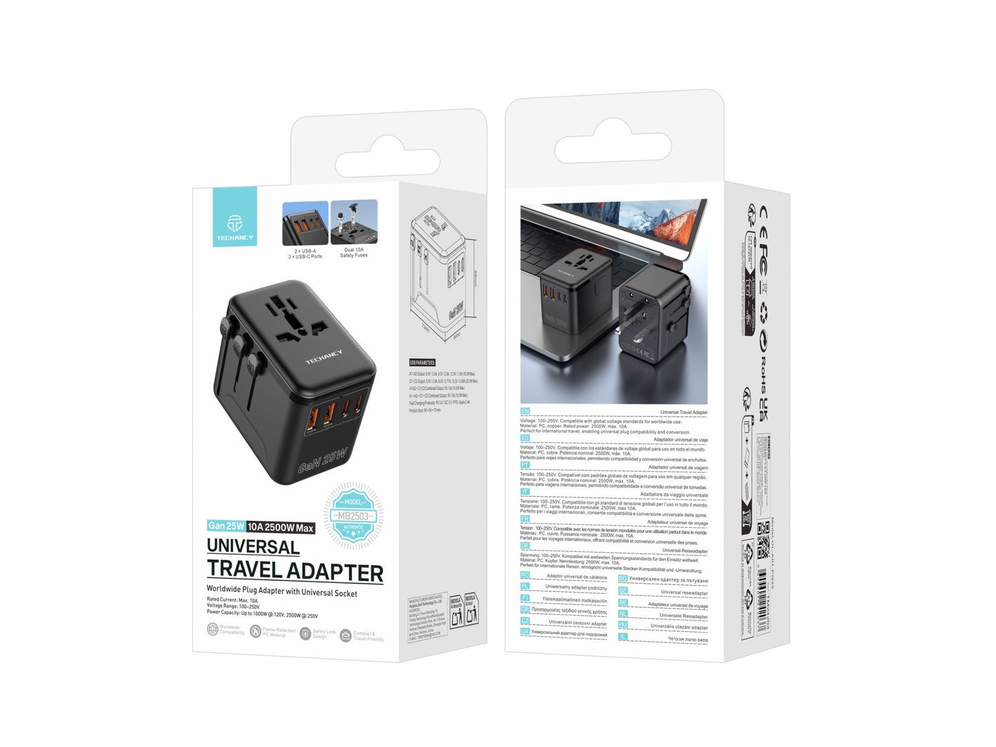 Techancy Adaptador Universal Viagem MB2503 Conversor Tomada Mundial GaN 25W 2500W 10A Compatibilidade UK EU US AUS Com USB Preto